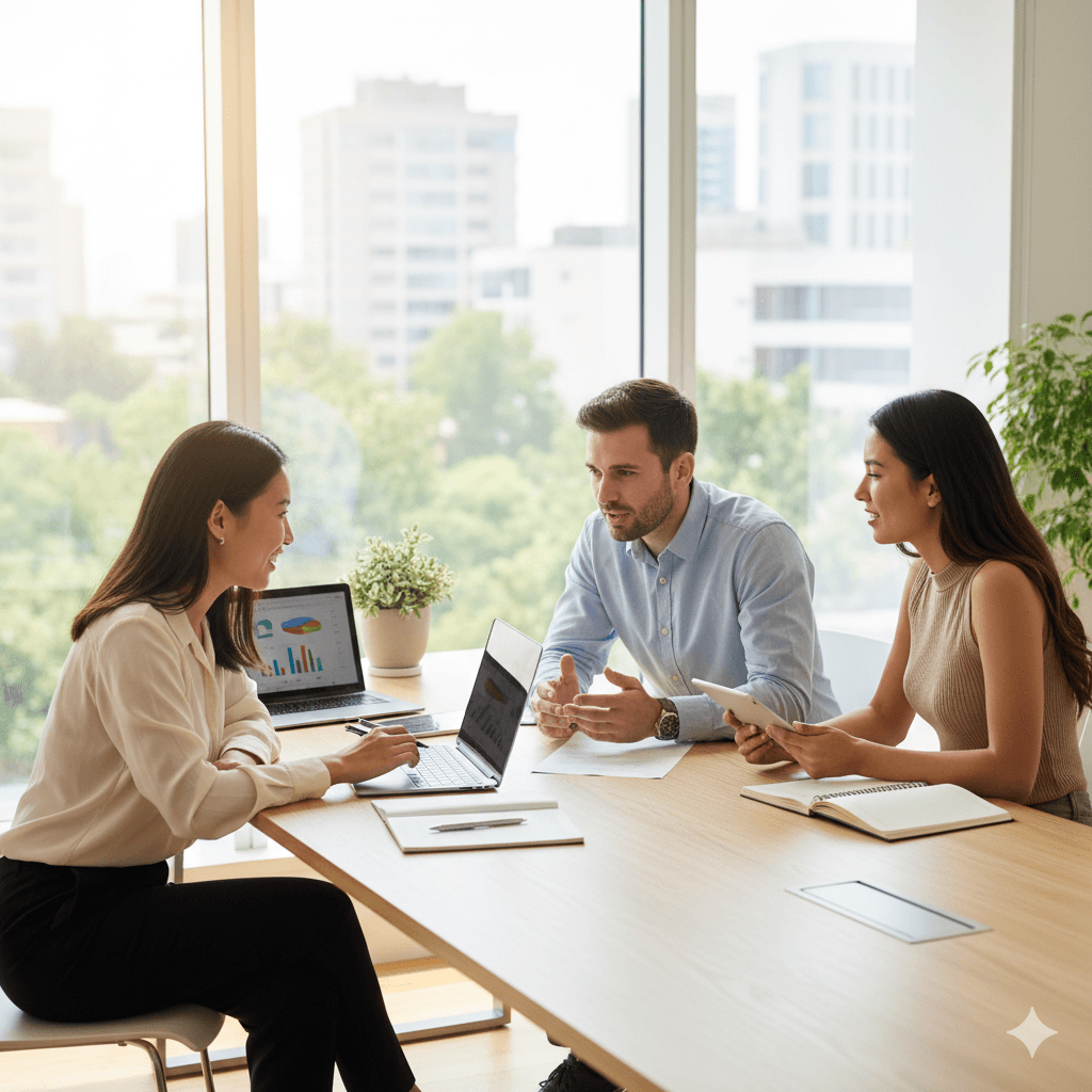 Original business photo showing visible faces and readable screens before AI redaction